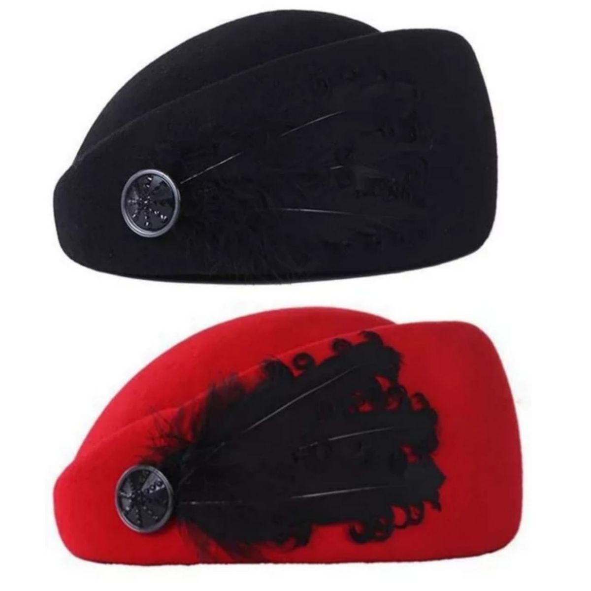 Lilhe Pack of Black & Red Elegant Beret Cap with Feather for Ladies