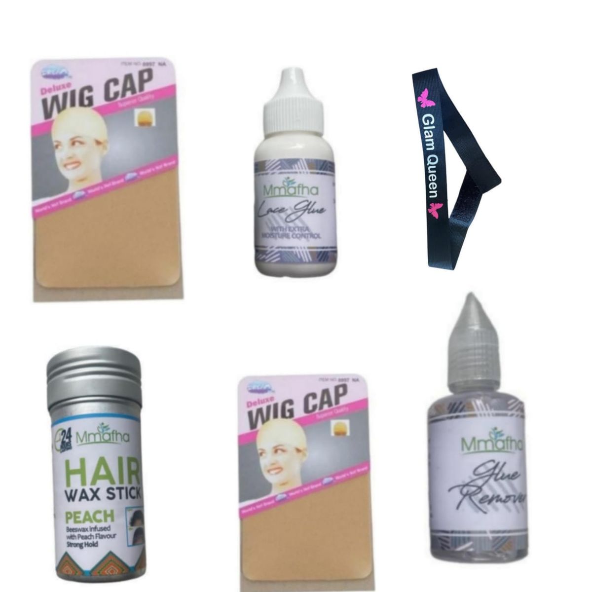 Brazillian Kit 2 Wig Cap+Glam Queen+Mmafha wax Stick Glue +Remover