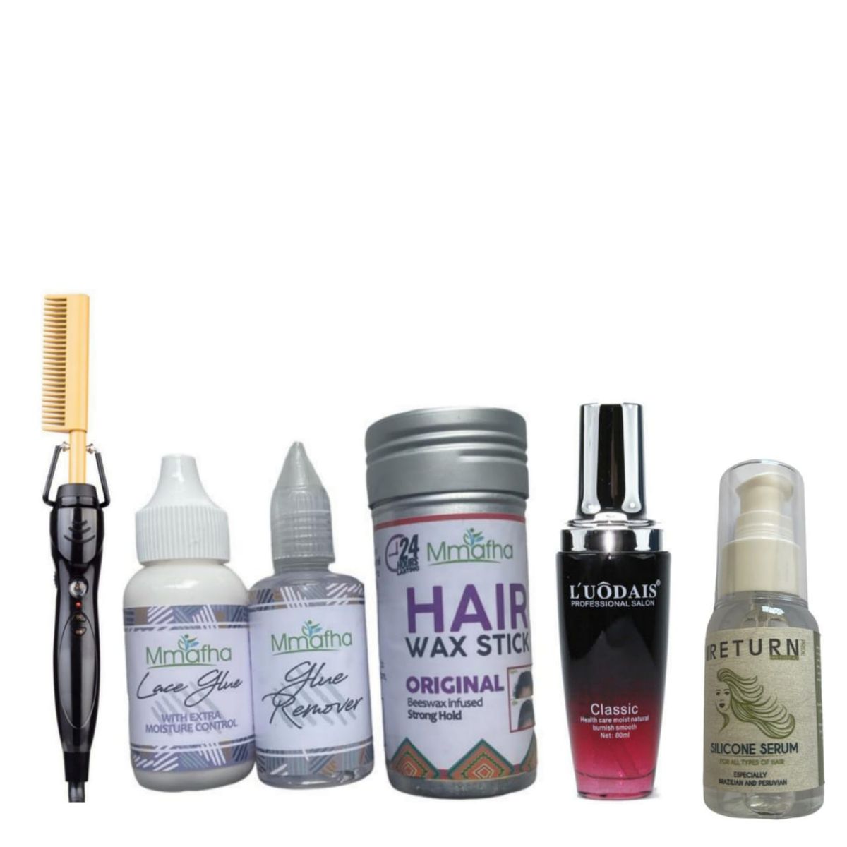 Hot Comb+ Wax Stick+ Glue+ Remover + Silocone Serum + Luodias Serum