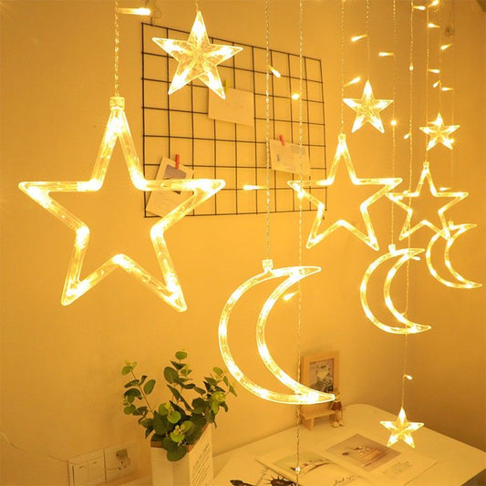 Moon & Star String Light LED Christmas Curtain Lights 3M w/ Tail Plug Extns