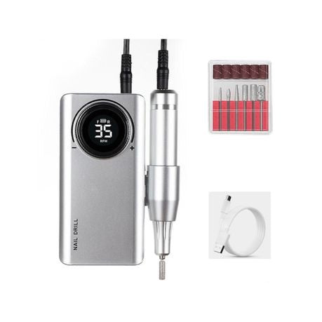 Silver Rechargeable, Portable Nail Drill Machine - 0-35000 RPM