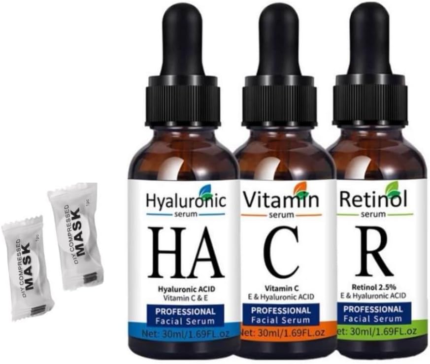 Face Serum Set: Vitamin C, Hyaluronic Acid & Retinol with DIY Masks-DL106