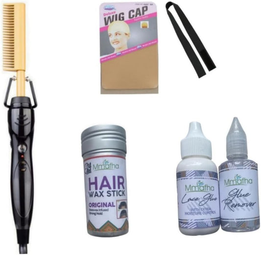 Wig Care Comb, Hot Comb, Wax Stick, Wig Cap, Glue, Remover & Elastic Band