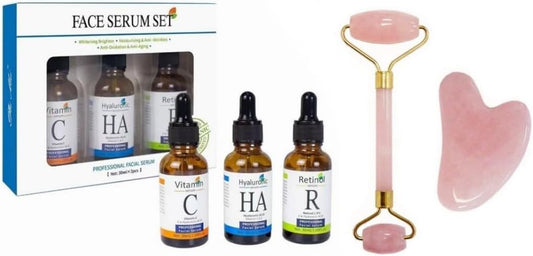 Face Serum Set- Vitamin C, Hyaluronic Acid & Retinol with Rose Quartz