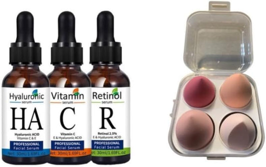 Face Serum Set: Vitamin C, Hyaluronic Acid & Retinol with Blending Sponges