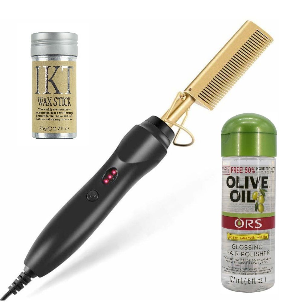 Electric Hair Comb, Hair Wax Stick & Olive Oil Glossing Hair Polisher Combo