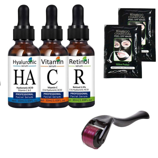 Face Serums Set-Hyaluronic Acid & Vitamin C & Retinol, derma roller, masks