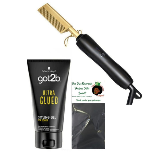 Lilhe Ceramic Hot Comb, Got2b Ultra Glued Styling Gel & a Bonnet - Bundle