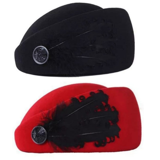 Lilhe Pack of Black & Red Elegant Beret Cap with Feather for Ladies