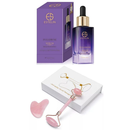 Lilhe Rose Quartz Facial Roller & Gua Sha Set with Fullerene Serum