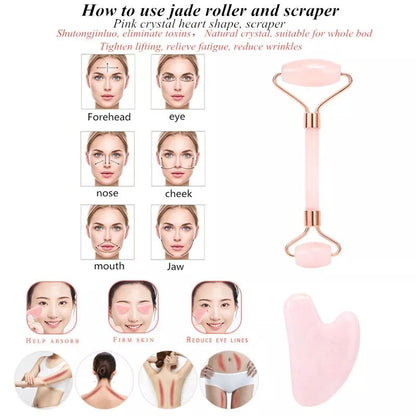 Lilhe Rose Quartz Facial Roller & Gua Sha Set with Fullerene Serum
