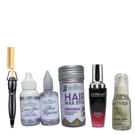 Hot Comb+ Wax Stick+ Glue+ Remover + Silocone Serum + Luodias Serum