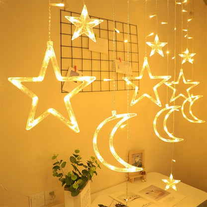 Moon & Star String Light LED Christmas Curtain Lights 3M w/ Tail Plug Extns