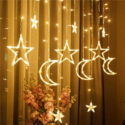 Moon & Star String Light LED Christmas Curtain Lights 3M w/ Tail Plug Extns