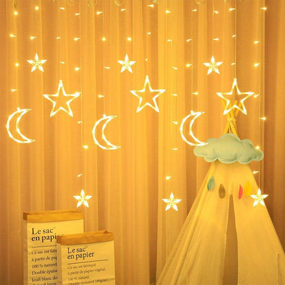 Moon & Star String Light LED Christmas Curtain Lights 3M w/ Tail Plug Extns