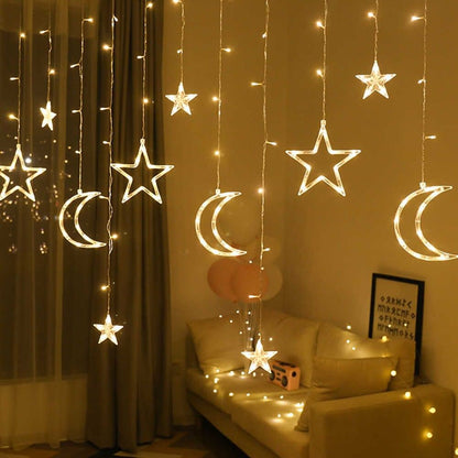 Moon & Star String Light LED Christmas Curtain Lights 3M w/ Tail Plug Extns
