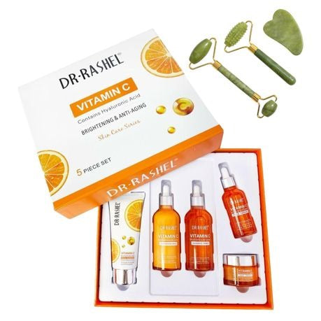 5 Piece Vitamin C Facial Set with Jade Face Roller and Gua Sha Massage Kit