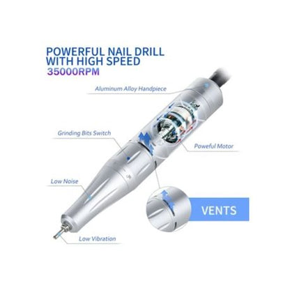 Silver Rechargeable, Portable Nail Drill Machine - 0-35000 RPM