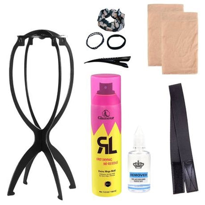 Wig Spray, Wig Band, Wig Stand, Wig Cap, Glue Remover, Hair Styling Tools 150ml glamour wig spray, adjustable Edge Wig Band, wig stand, 2 wig caps, glue remover, hair\wig styling tools