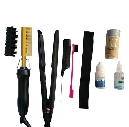 Hair Styling Kit with Flat Iron, Combs, Wax Stick and Hair Care Solutions, 8 Pieces, Black