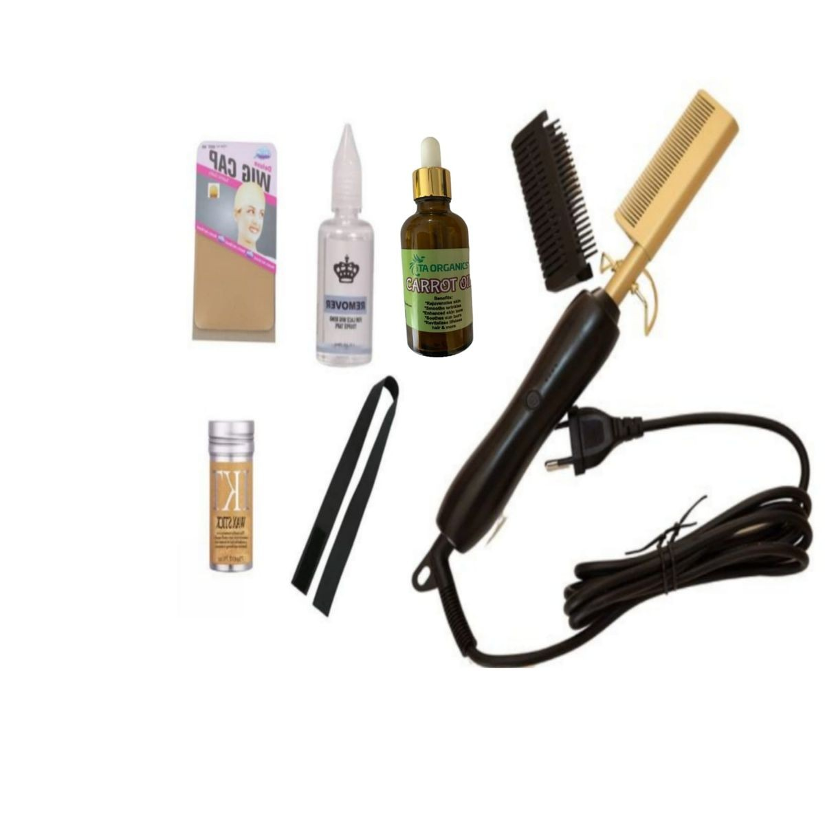 Hot Comb,Wax Stick,Wig Cap,Elastict Band, Remover,&Carrot Oil